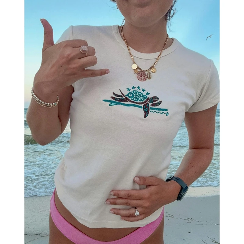 

Combhasaki Y2k Summer T-shirt for Women AestheticTurtle Embroidered Short Sleeve Round Neck Slim Fit Tee Top Trendy Casual Wear