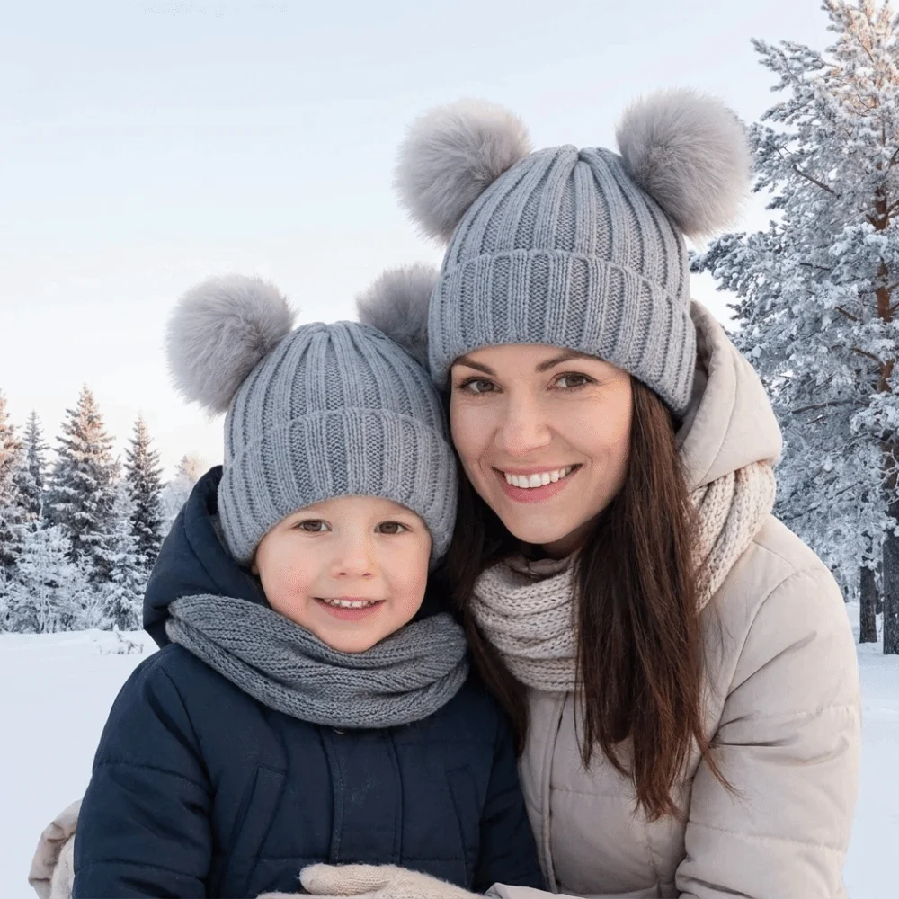 Soft Solid Color Baby Knitted Hat Faux Fur Ball Pompom Infant Beanie Windproof Mother Pullover Cap Boys