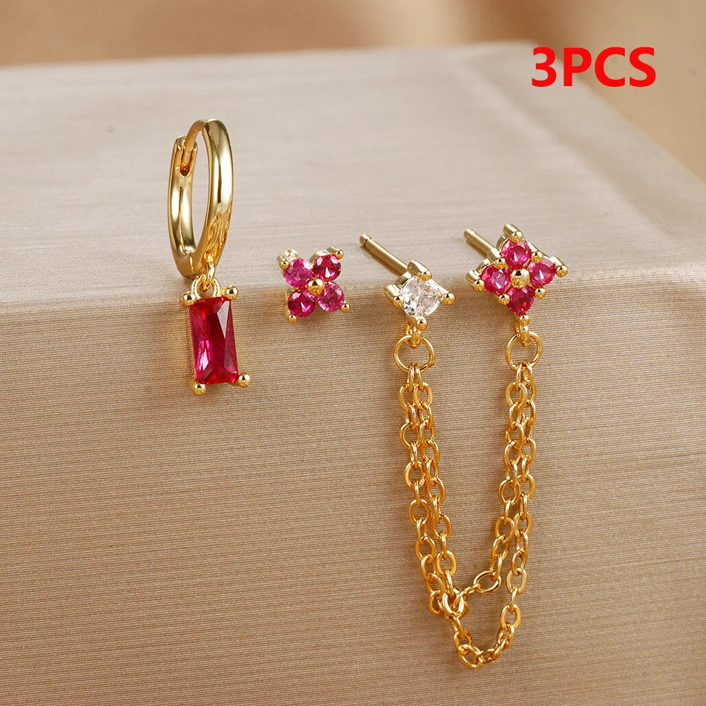 3PCS Fashion Double Ear Hole Chain Crystal Ear Stud Earring Set For Women Square Pendant Piercing Hoop Earring Piercing Jewelry