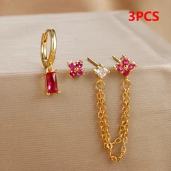 3PCS Fashion Double Ear Hole Chain Crystal Ear Stud Earring Set For Women Square Pendant Piercing Hoop Earring Piercing Jewelry
