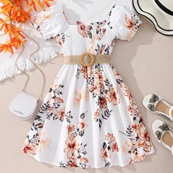 Boho Floral Square Neck Smocked Midi Dress For Girls, Holiday Summer Going Out Casual Dresses