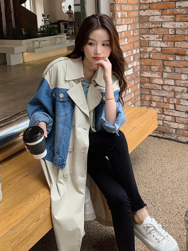 Trench Coat Women 2023 Spring New Large Size Windbreaker Fashion Splicing Denim Long Student Casual Trench Coats Femme Saco