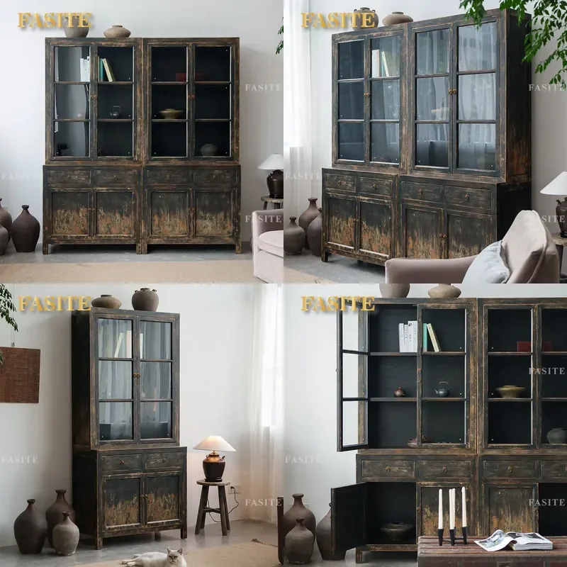 For  Solid Wood Bookcase Old Glass High Cabinet Weathered American Retro Display Cabinet Homestay Storage