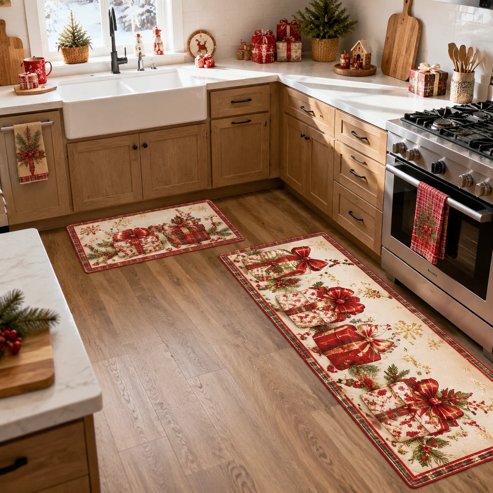 VIKAMA 1pc/2pc Christmas Laundry Room Floor Mat Kitchen, Dining Room, Corridor - Easy To Clean Flannel Decorative Rug