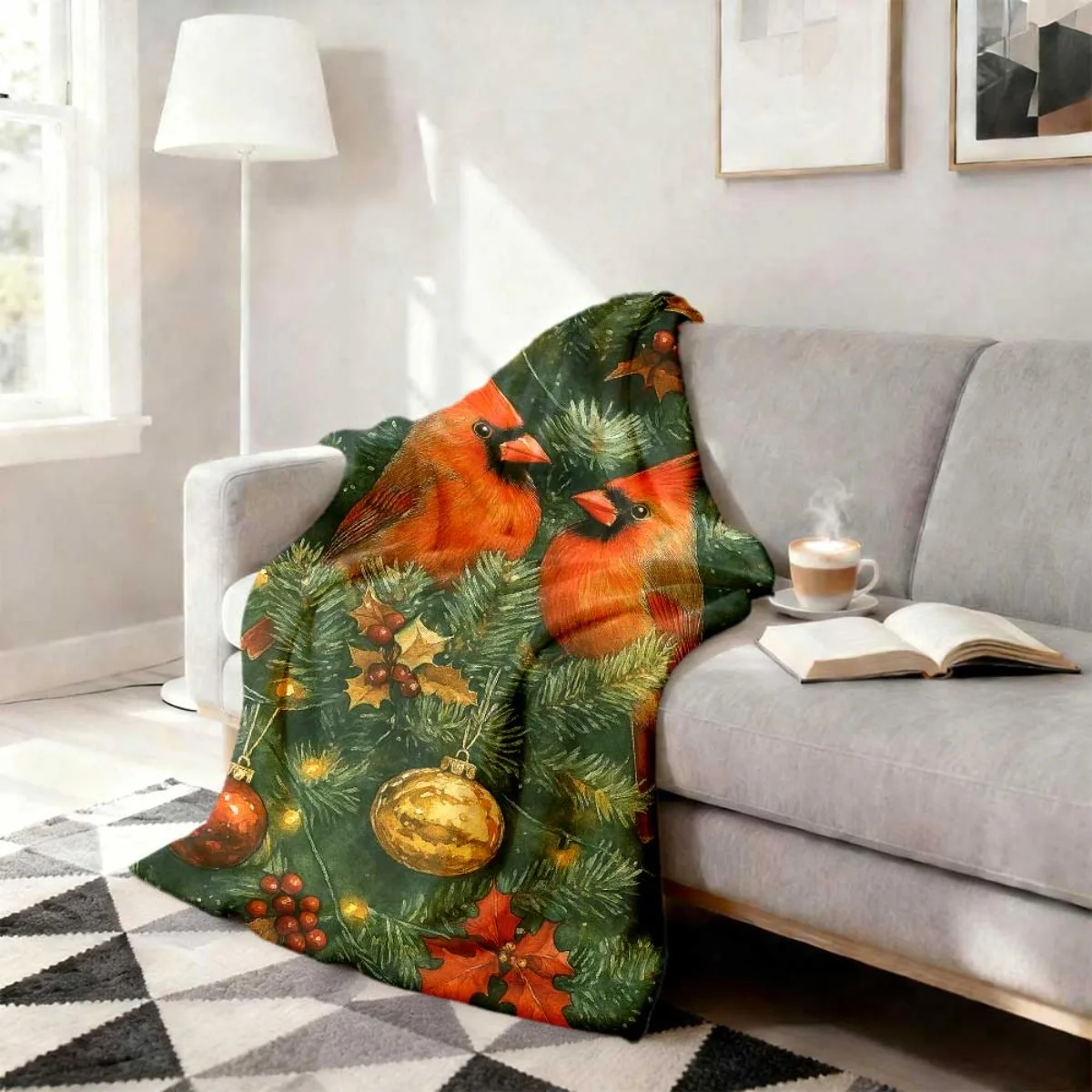 Christmas Cardinal Bird Flannel Throw Blanket, Pine Holly Xmas Ornament Soft Warm Blanket for Sofa Bed Home Decor Gift Ideas Now