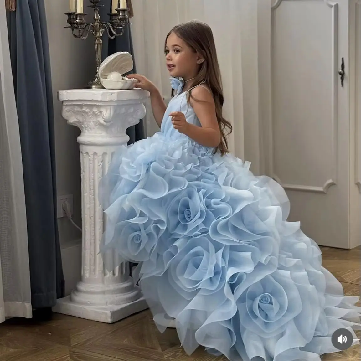 Sky Blue Flower Girl Dresses For Wedding Princess 3D Rose Tulle Skirt Litter Girl's Baby Birthday Party Prom Photo Shoot Gowns