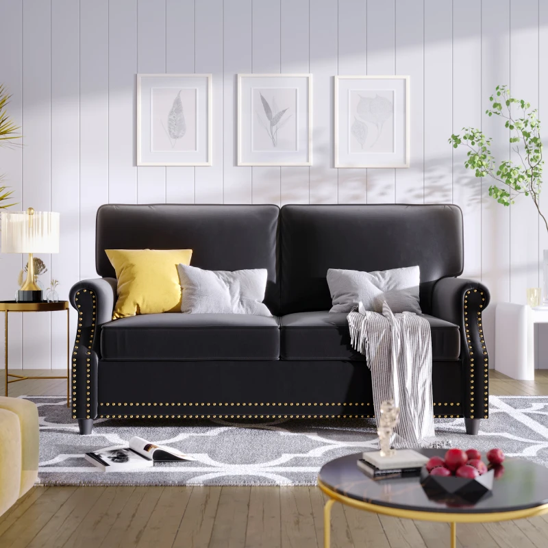 Luxury Loveseat Sofa *2,Living Room Sofa Set,cozy Arm 2 Seat Sofa,Nail Headed,Wood Legs,Velvet ,Black Interior Decoration