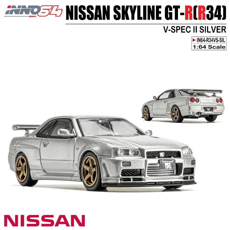 INNO 1/64 NISSAN SKYLINE GT-R(R34) V-SPEC II SILVER Alloy Toy Motor Vehicle Diecast Metal Model Gifts