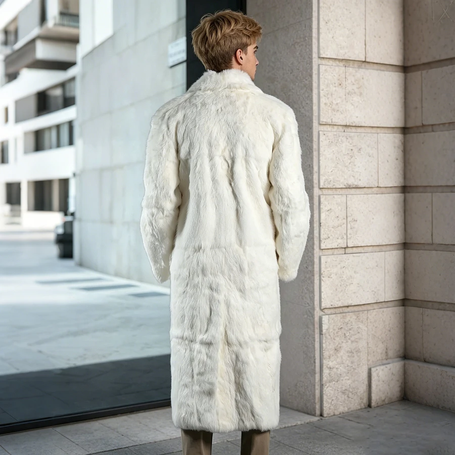 White Full Skin Rabbit Fur Trench Coat With Suit Collar Long Real Rex Rabbit Fur Jacket Best Selling Natural Fur Coat Men