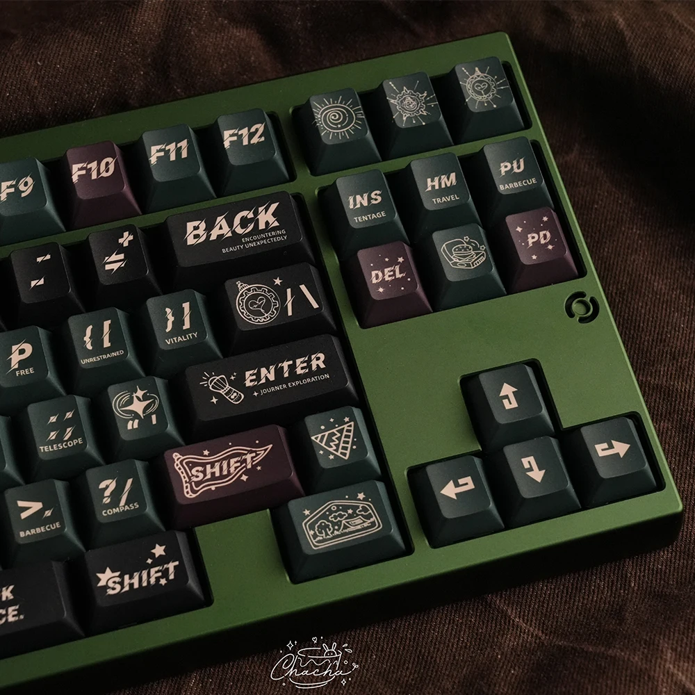 Camping Diary Keycaps Custom PBT New Cherry Profile Keycap Simple Dark Green Cartoon Key Cap for Mechanical Keyboard Gaming