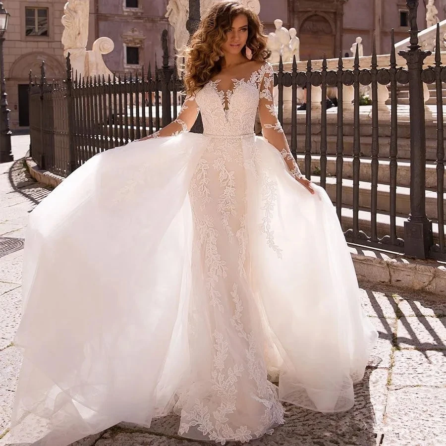 Precioso vestido De Novia con tren desmontable, cuello en V, mangas completas, Apliques De encaje, largo hasta el suelo