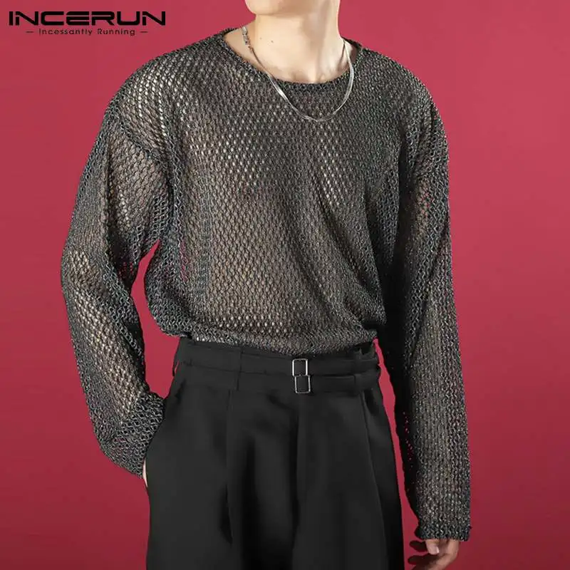 إنسيرون-تي شيرت شبكي مجوف للرجال ، بأكمام طويلة ، كتف فضفاض ، كاجوال ، توبات مثيرة للذكور ، على الطراز الكوري ، * * #3