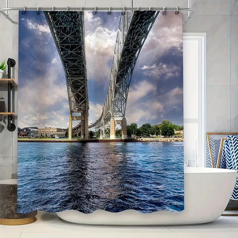 

Bridge Landscape Shower Curtain Ocean View Waterproof Bathroom Decor Modern Coastal Art Scenic Backdrop Home Textile