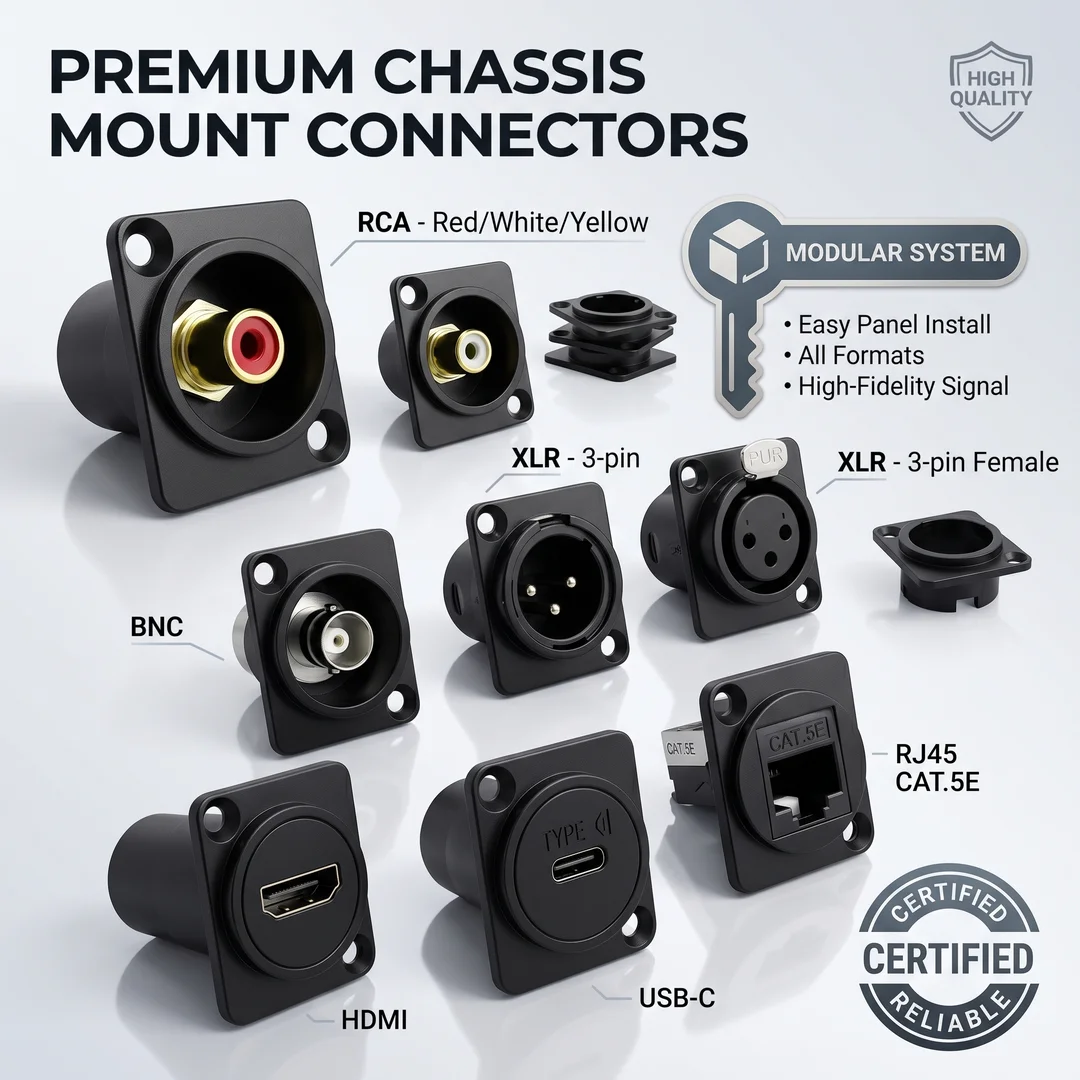 High Fidelity Chassis Mount Connector, D-Size Panel Feedthrough Socket for Pro Audio, AV, DIY Equipment, RCA/XLR/HDMI/USB-C/RJ45