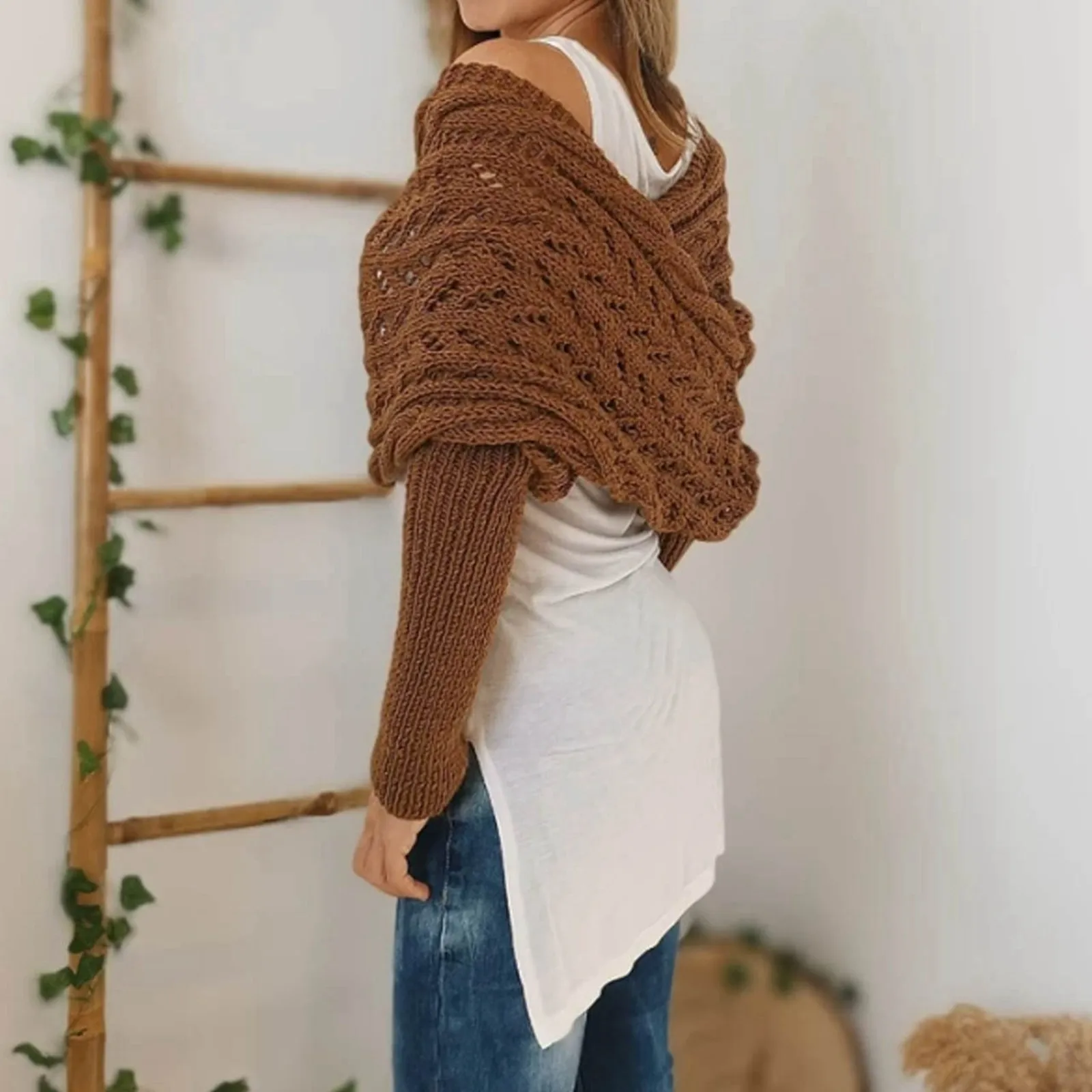 Knitting Wool Twist Shawl Women\'s Elegance Solid Color Long Sleeve Off Shoulder Scarf Autumn Fashion Outwears Pullovers Sweater