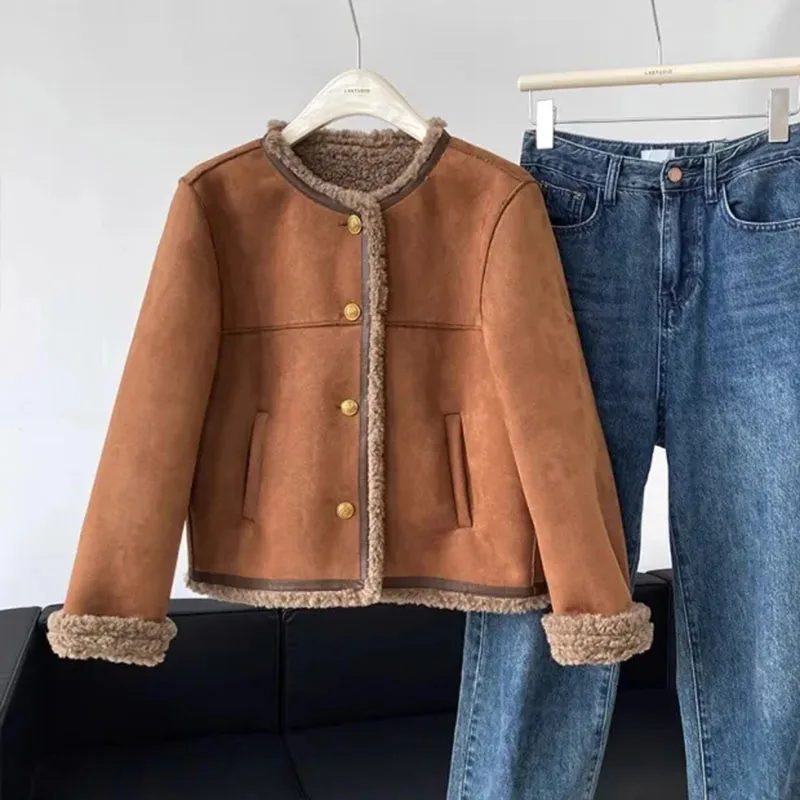 Suede Lamb Fur Short Jacket Women Vintage Autumn Winter Padded Thickened Long Sleeve Outwear Camel Fashion Patchwork Coats