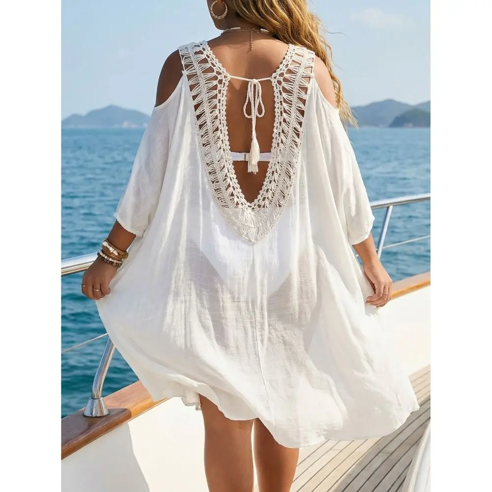 ชุดคลุมว่ายน้ำแฟชั่น คอวี เปิดหลัง ทรงหลวม ป้องกันแสงแดด สำหรับฤดูร้อน สไตล์ลำลอง แบบโปร่ง สำหรับผู้หญิง