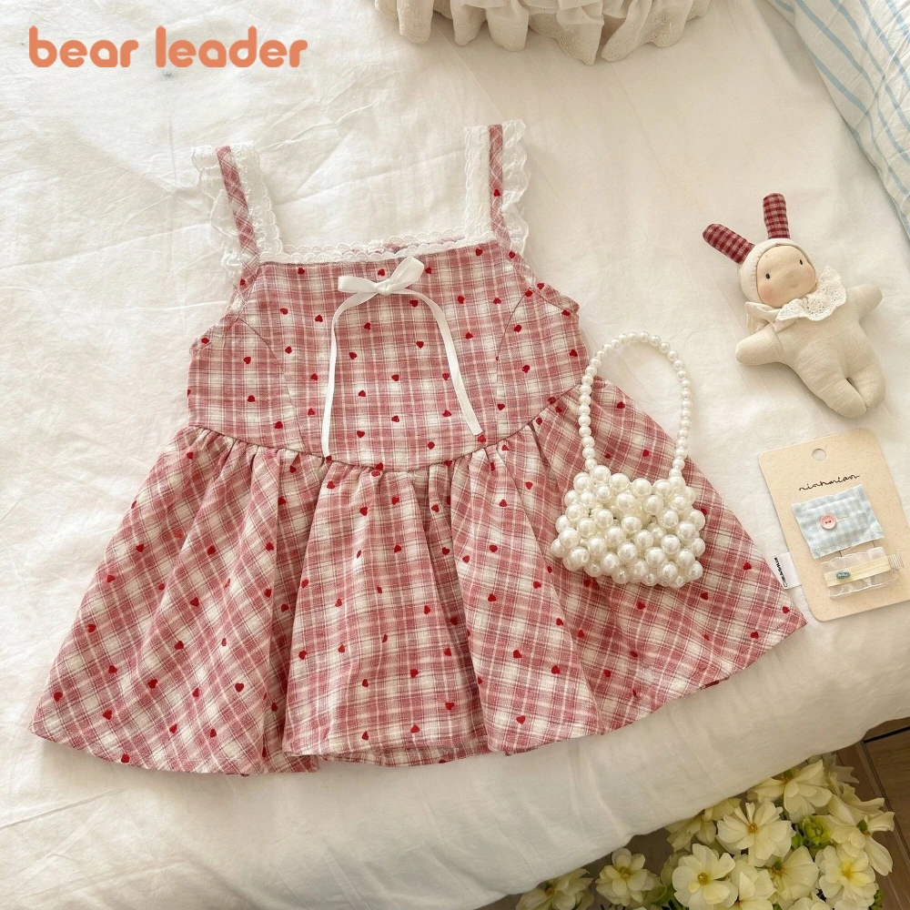 

Bear Leader 2026 Summer Korean Fashion Red Checkered Polka Dot Bow Strap Dress for Girls Aged 2-6 Seaside Vacation Style