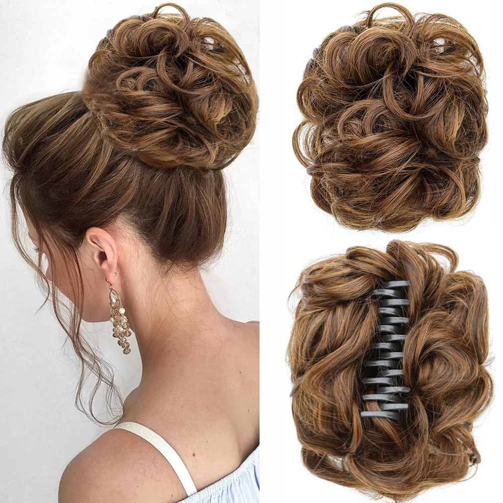 Synthetischer Messy Bun Haargummi mit Haarklammer, Haarverlängerung aus Hochtemperaturfaser, Flauschiger Chignon für Frauen – Detail 8