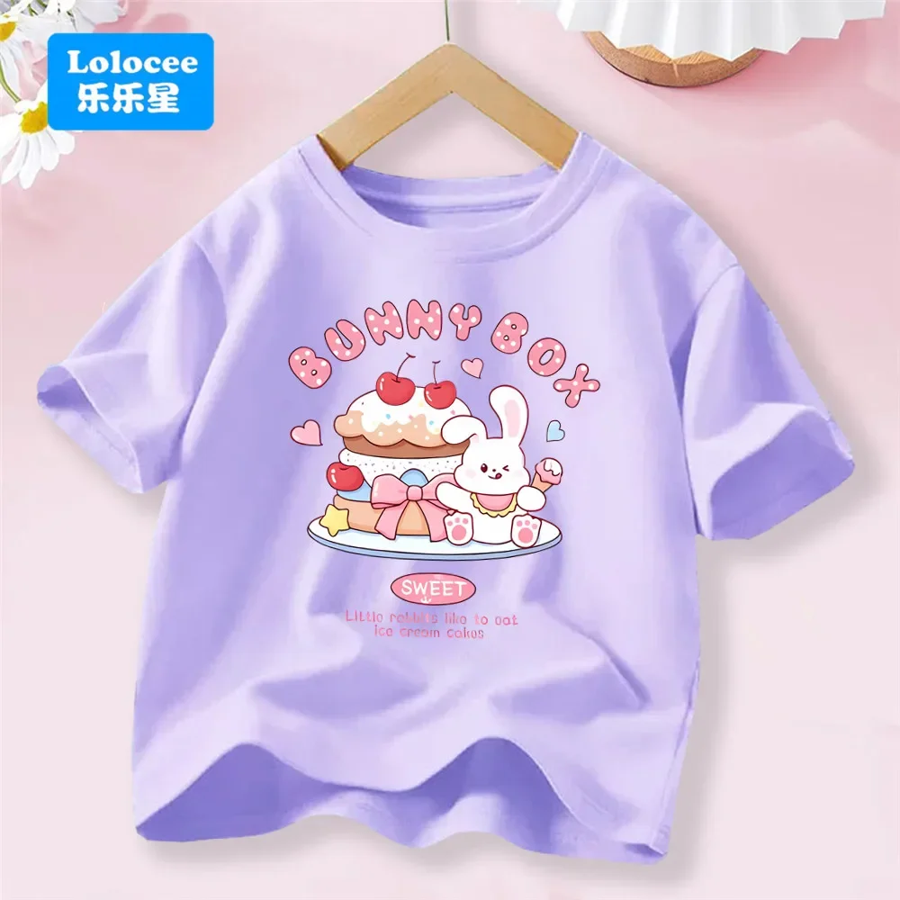 تي شيرت مطبوع عليه كعكة الآيس كريم الوردية من Sweet Day للفتيات ملابس أطفال ناعمة قابلة للتنفس بنمط أرنب ملابس على الطراز الحلو