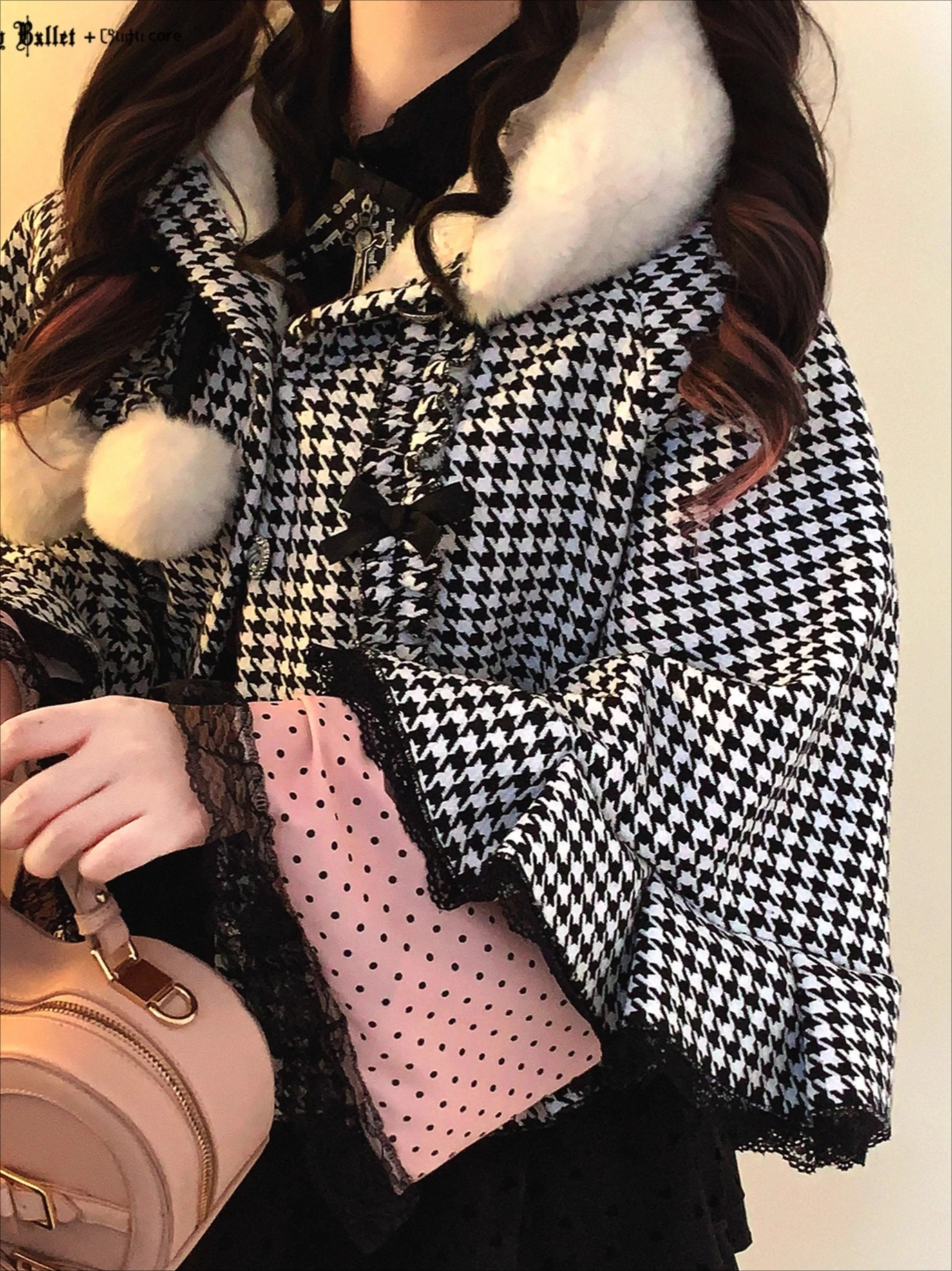 

Original Sweet Plush Ball Rhinestone Beaded Hooded Fleece Cape Elegant Princess Ruffled Plaid Thick Versatile Shawl Coat Winter