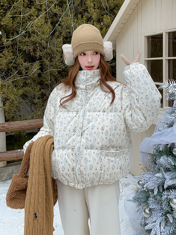 플로럴 프린트 또는 퍼프 재킷 여성용 따뜻한 슬리 스탠드 칼라 브레드 디자인 다운 코트 캐주얼 슬레 레귤러 핏 화이트