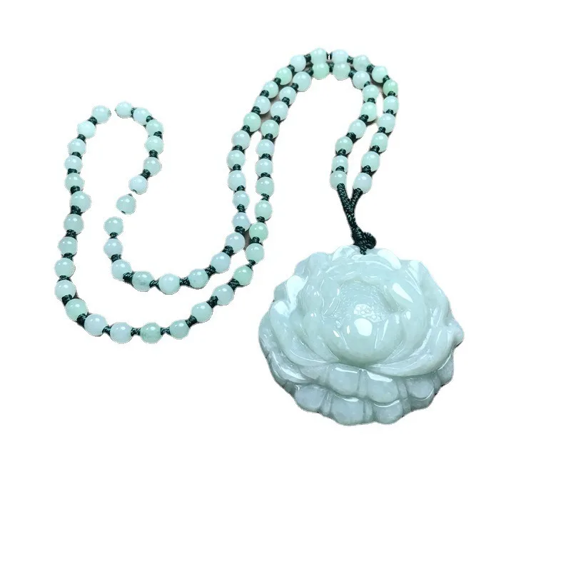 Natural Jadeite A Product Pendant Trendy Versatile Women\'s Flower Sweater Chain