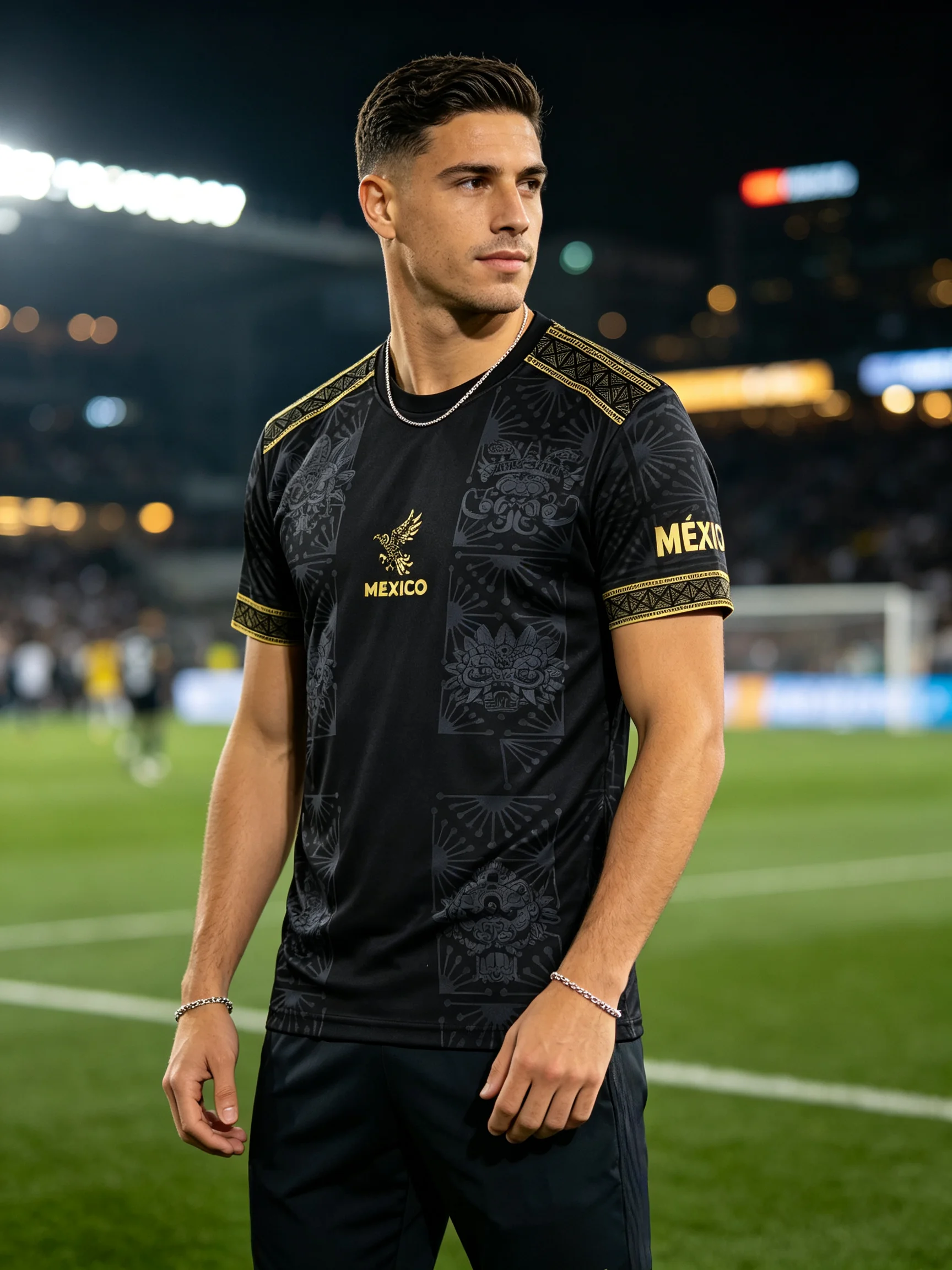Men's Summer T Shirt Black Gold Aztec Tribal Mexico Print Crew Neck Short Sleeve Loose National Culture Soccer Jersey Tee