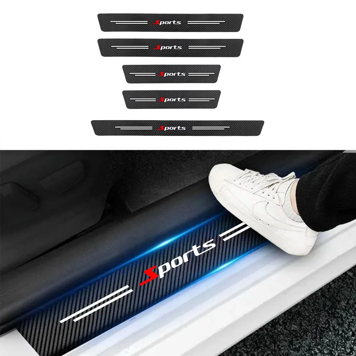 5PCS For Sports Car Door Sill Strip Carbon Fibre Protective Cover Universal Anti-scratch and Anti-collision Door Decorative Stri