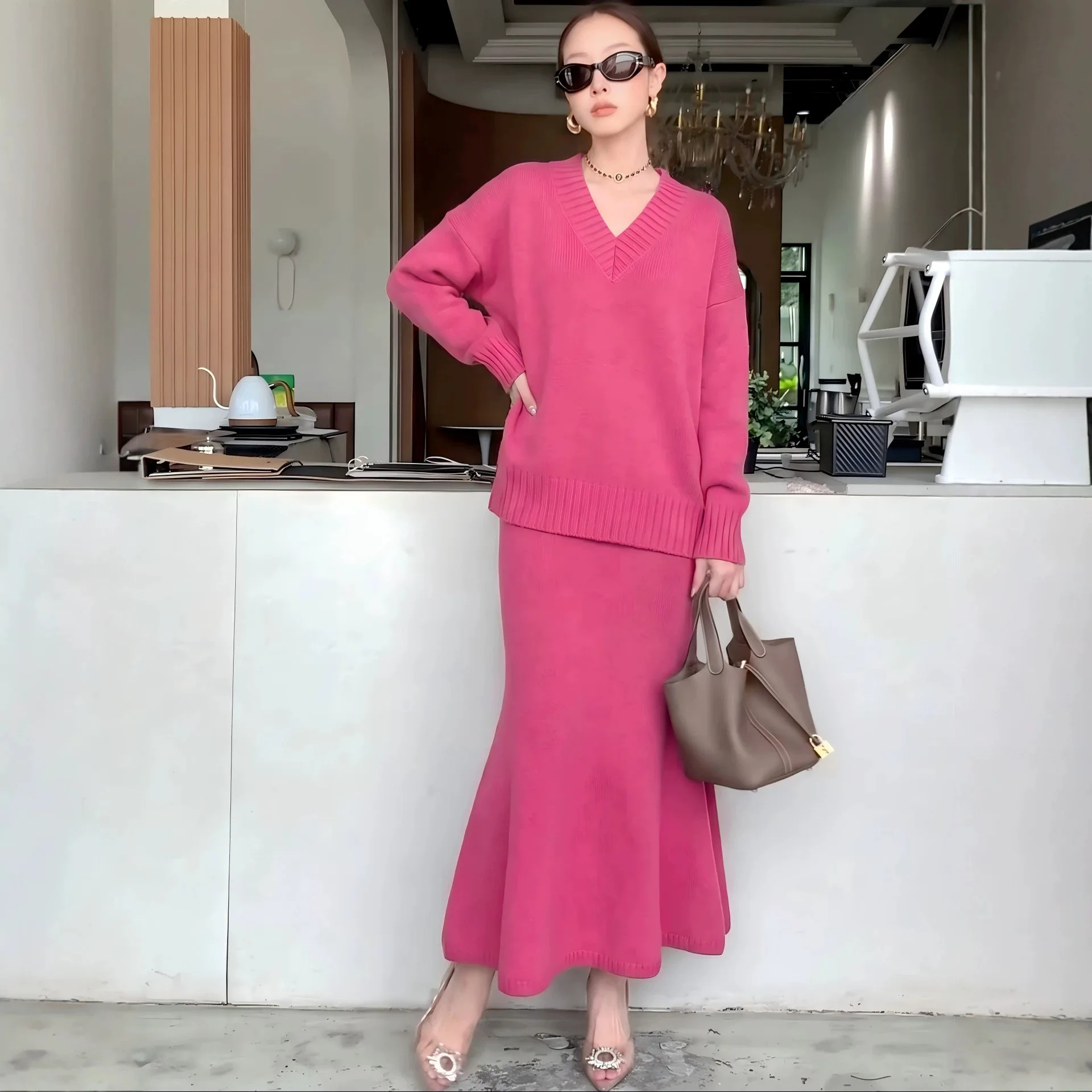 Two Pieces Women Knitted Dress Sets Solid Matching Sets V Neck Top Ankle Length Mermaid Skirt Loose Casual 2026 Autumn Winter