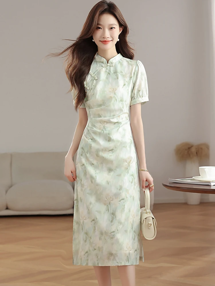 

Женское зеленое длинное платье с коротким рукавом и цветочным принтом, женское винтажное элегантное платье Cheongsam, 2025 корейское облегающее вечернее платье