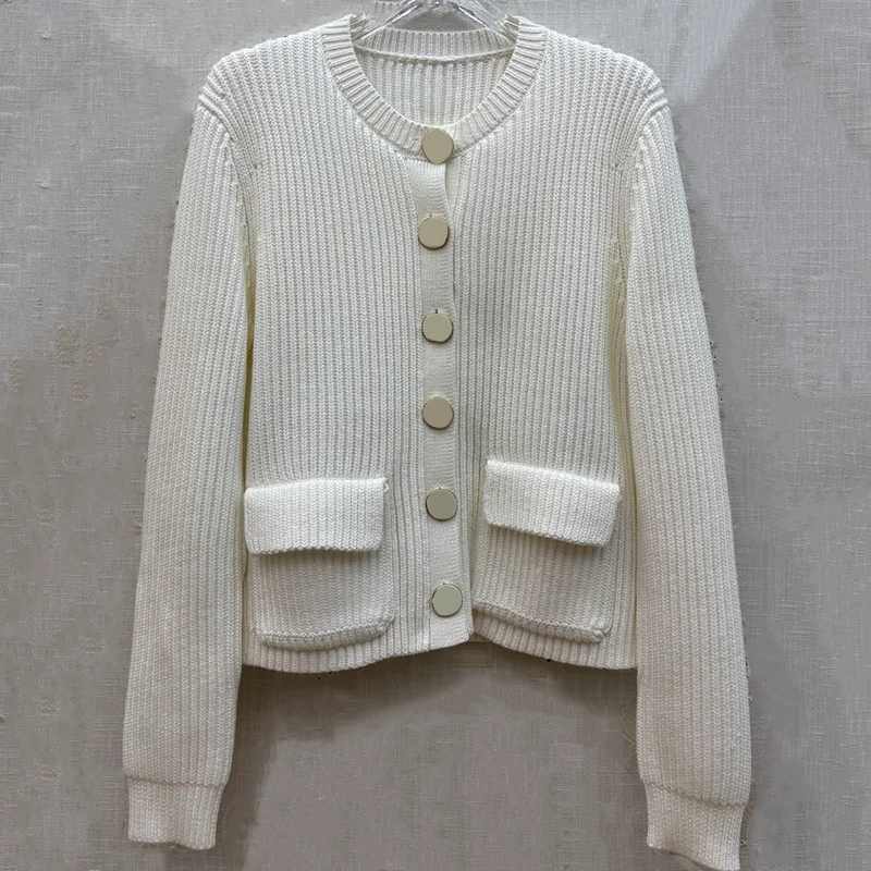 

Высококачественный женский кардиган на одной пуговице, свитер с круглым вырезом и трехмерными карманами 25916228.