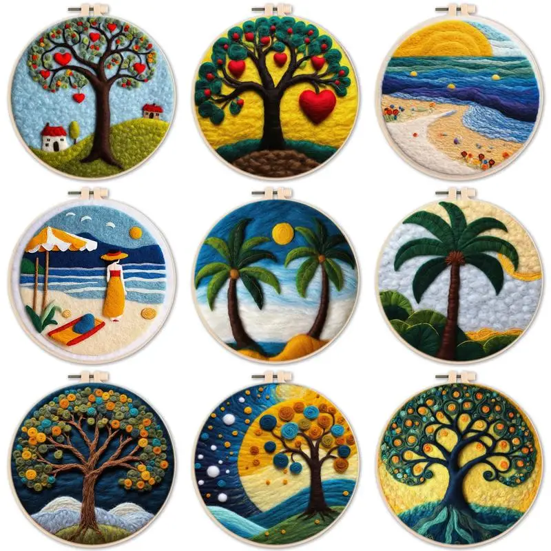 

SDOYUNO Wool Needle Felt Set With Embroidery Frame Handmade Beach Tree Felt Painting Kit for Beginners Home Decors Crafts Gif