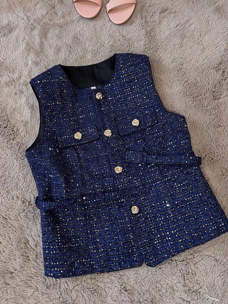 Talenza Women Fashion Tweed Belt Waistcoat O Neck Single Breasted Sleeveless Vests Spring Summer Office Lady Outerwear Chic Tops