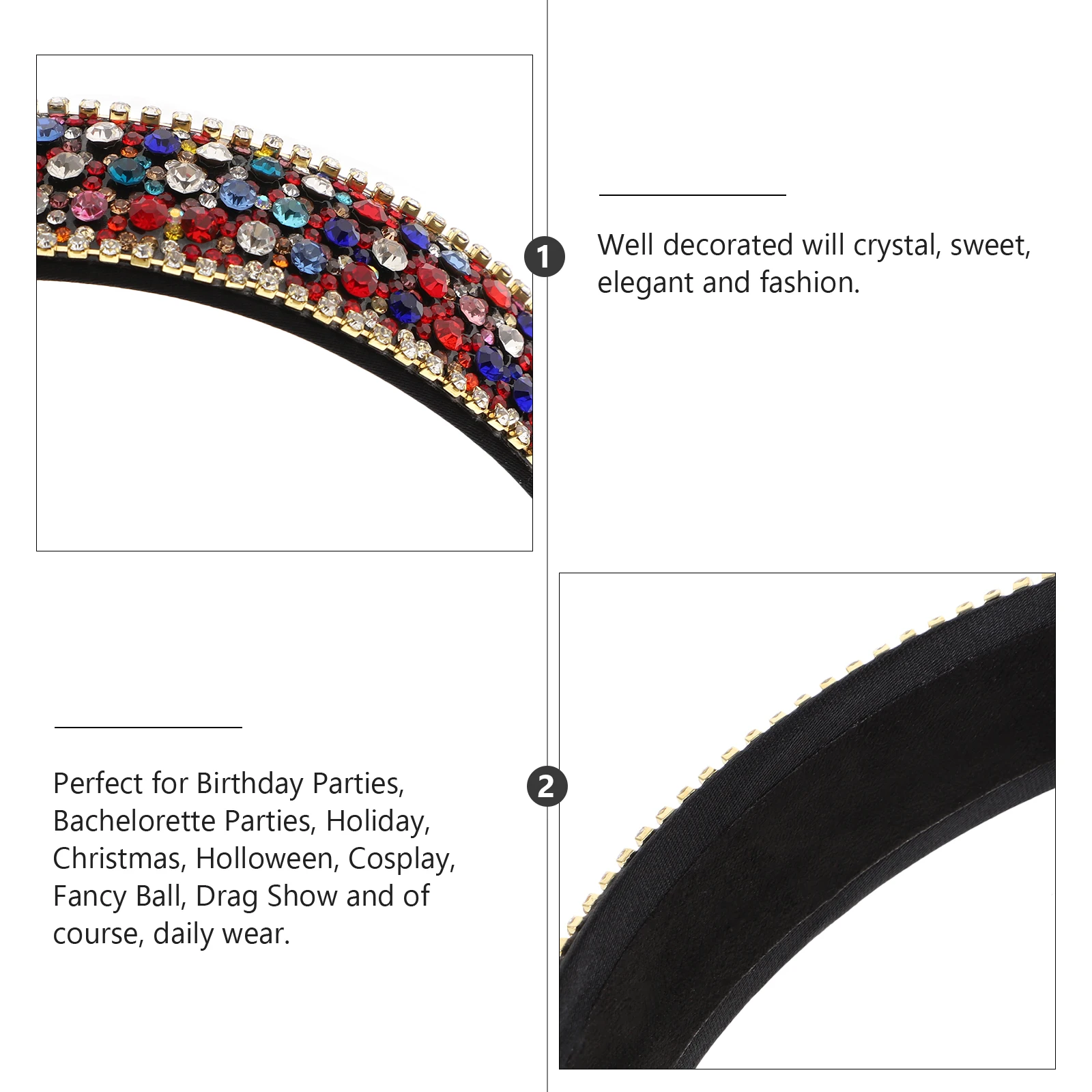 

Crystal Rhinestone Headband Wide Hair Hoop Women Girl Bride Elegant Fashion Multi Row Birthday Parties Bachelorette Holiday