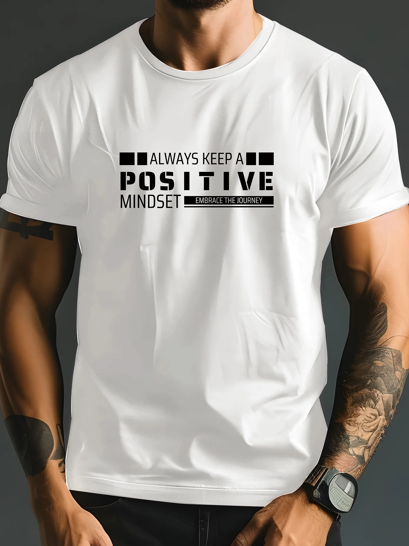 

Men's summer 100 cotton casual loose always maintain a positive attitude letter printed sports round neck short sleeved T-shirt