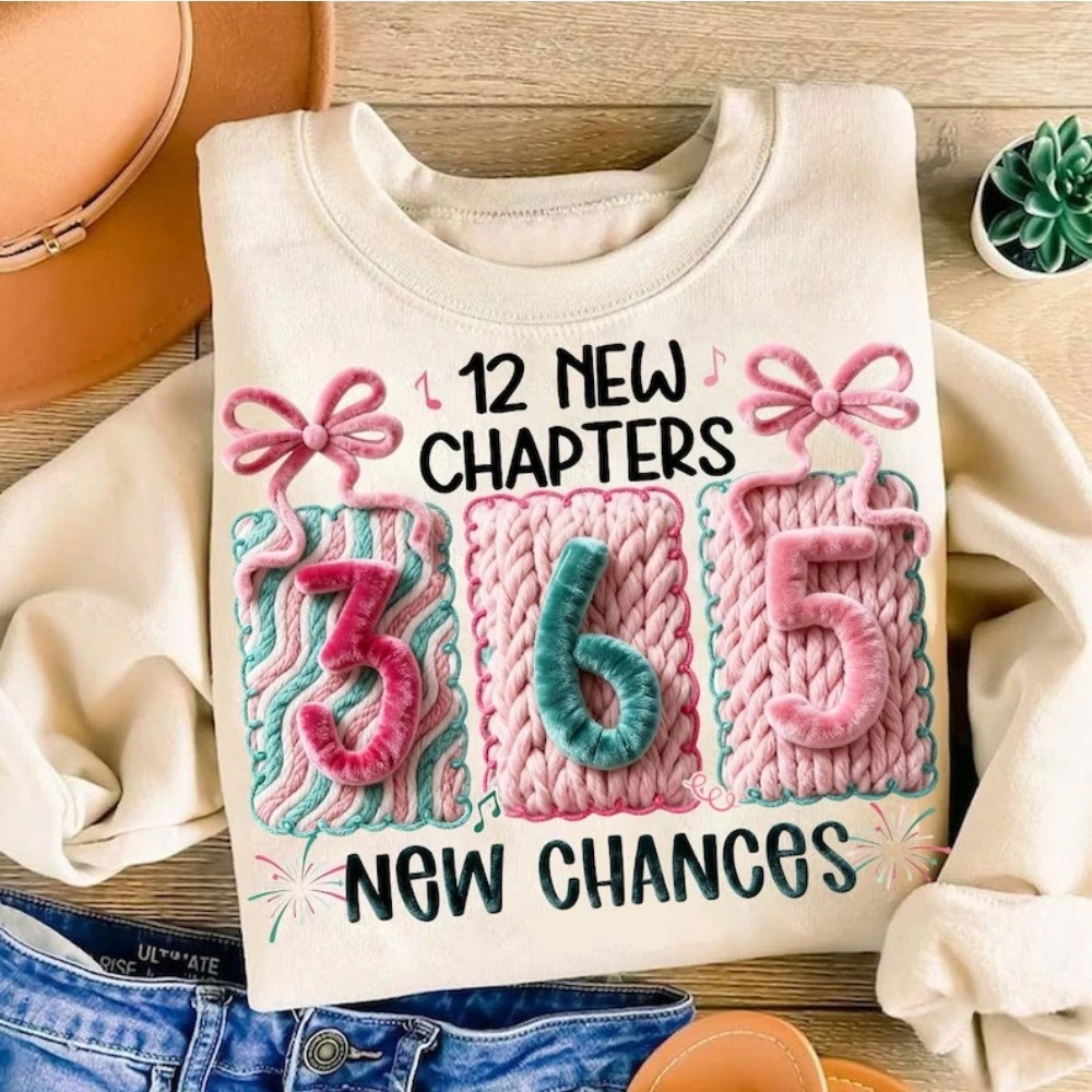 Happy New Year 2026 Hoodie 12 New Chapters 365 New Chances Faux Yarn Sweatshirt Pink and Teal Sequins Glitter Bow Pullover