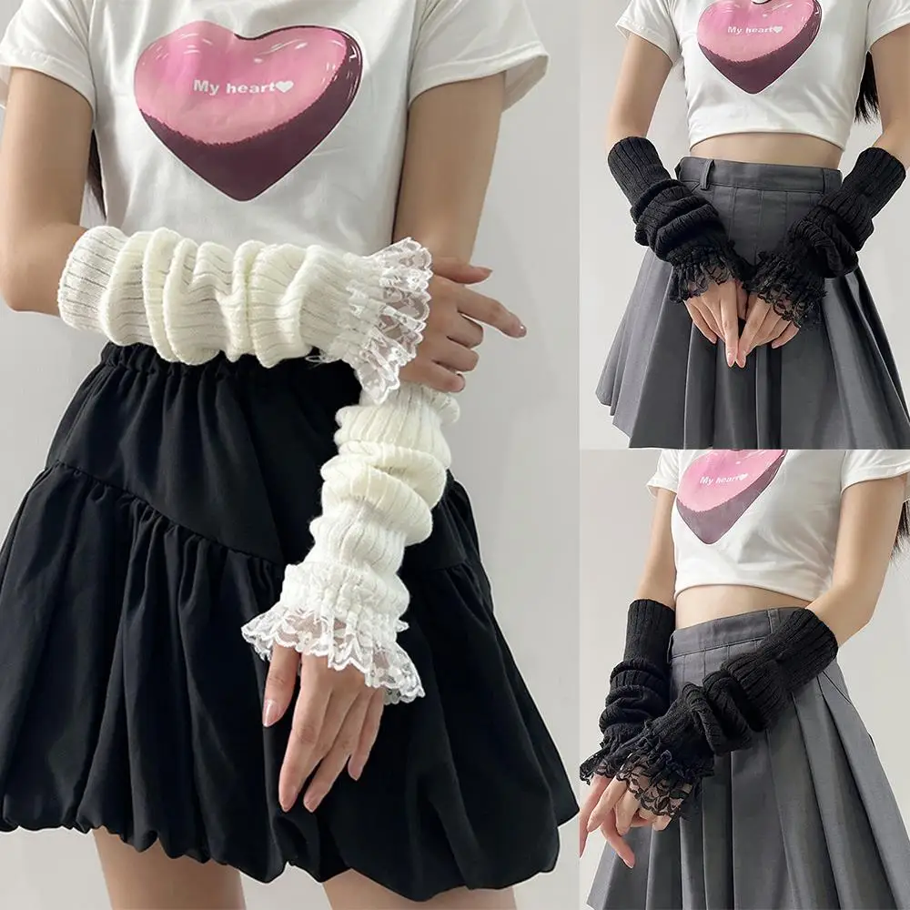 ถุงมือยาวแบบไม่มีนิ้ว สีดำ สีขาว ถุงมือครึ่งนิ้ว ถักไหมพรม ปลอกแขน Y2K สาวพังก์ กอธิค ลูกไม้ ถุงมือระบาย