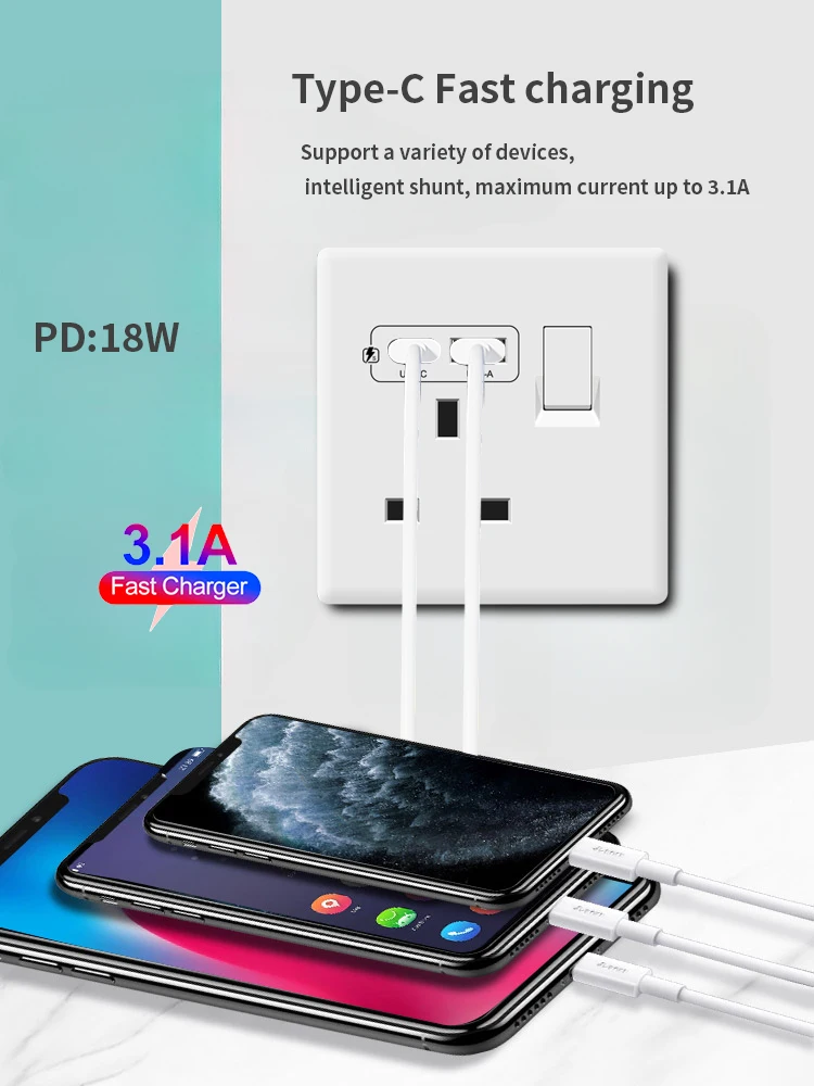 White UK 13A Wall Socket with USB C 18W Quick Charge Plug Socket,Wall power outlet with USB port, 1gang3way Intermediate switch