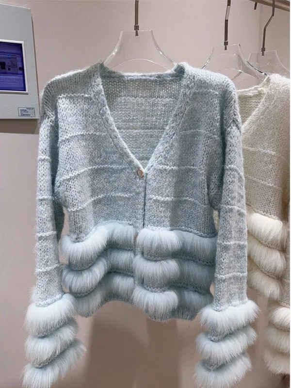 Sweet Style Spliced Fur Knitted Sweater Coat Women's Short Cardigan Korean Version Loose Fit Medium Thickness V-Neck