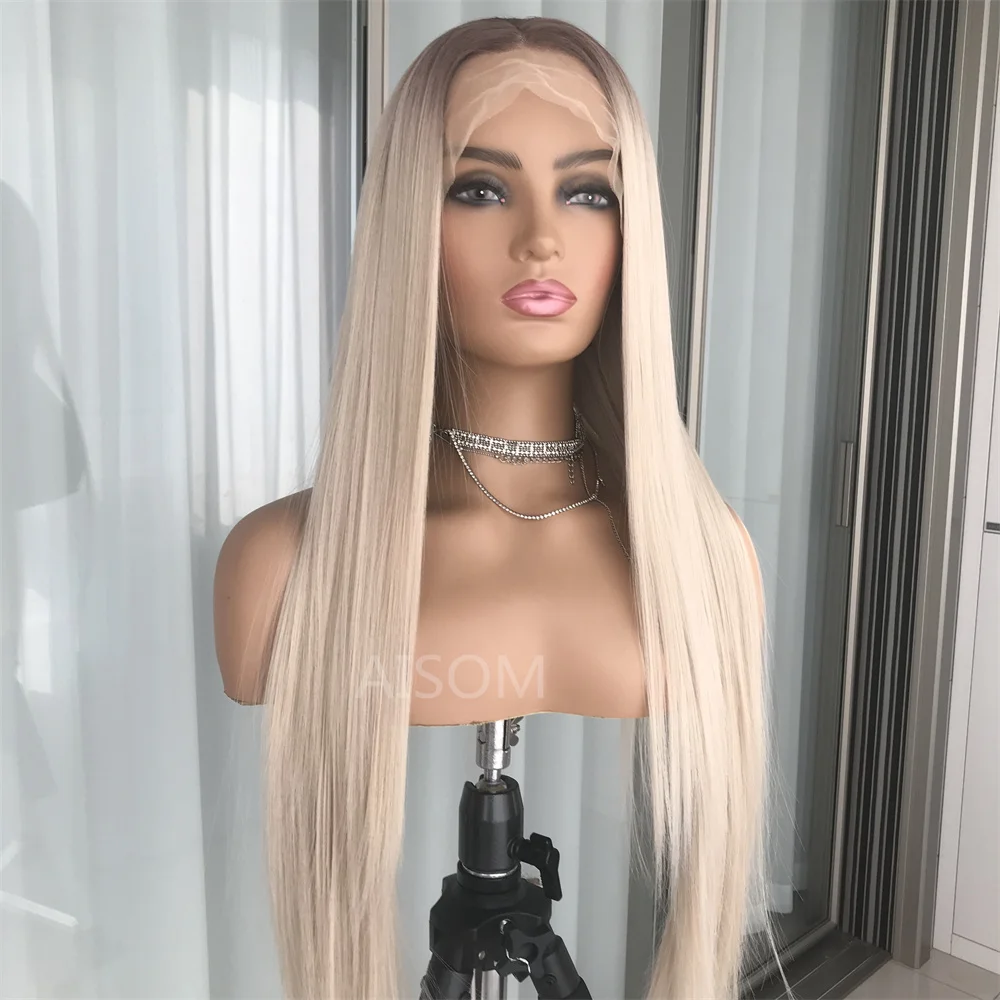 Ombre Blonde Straight Lace Front Wig Synthetic Lace Wigs Platinum Blonde with Brown Root Preplucked Baby Hair 150 Density Wig