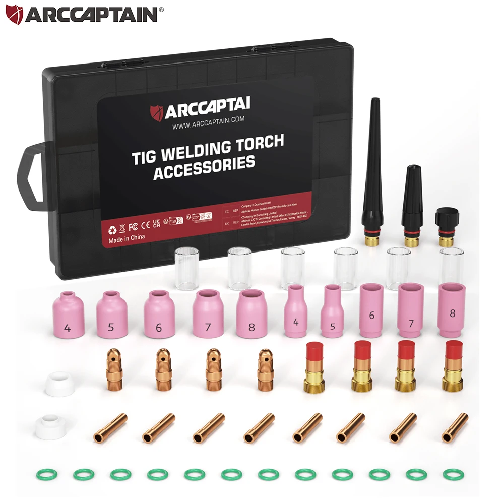 ARCCAPTAIN TIG Welding Torch Accessories Kit  Alumina Nozzle Collets Body Stubby Gas Lens #10 Glass Cup Consumables Kit