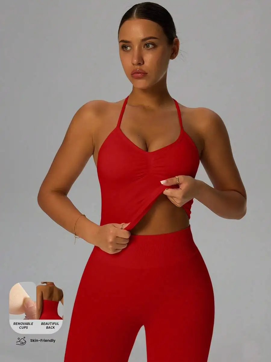 

Red Ruched Backless Sports Yoga Tank Top With Removable Cups Women Fitness Crop Top