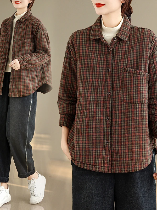 

Корейская японская элитная большая клетчатая женская одежда больших размеров, свободная универсальная модная дизайнерская хлопковая верхняя одежда Jaet Thiened