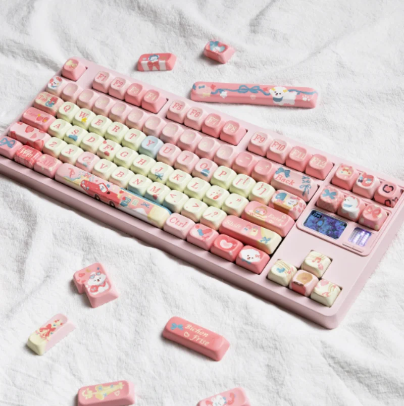 MiFuny Cute Bichon Frise Keycaps Pink 133/141 Keys PBT EOA Profile Keycap Custom Gaming Key Caps for Mechanical Keyboard Gifts