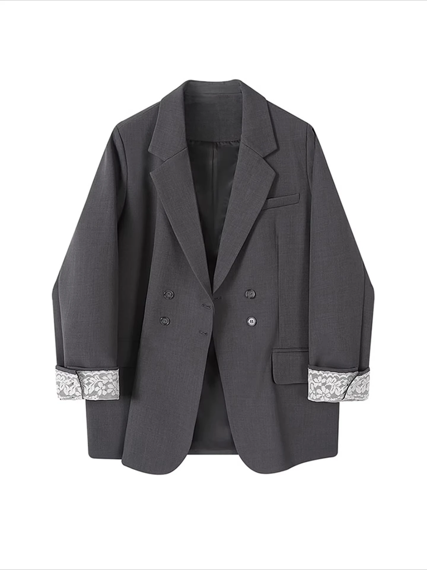 

Luxury Grey Black Blazer Brand Women Blazer Spring Autumn Lace Patchwork Long Sleeve Suit Design Office Lady Blazers Coat New