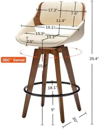 Swivel Bar Stools,Mid Century Modern Faux Leather Upholstered Counter Height Barstools,Kitchen Island Wooden Bar