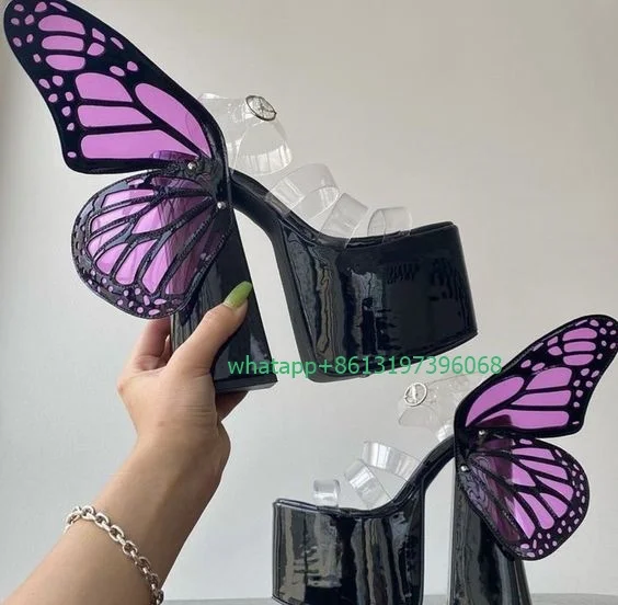 

Lady 3D purple butterfly PVC design platform sandals open toe buckle strap high heels summer Mary Janes shoes footwear size 46