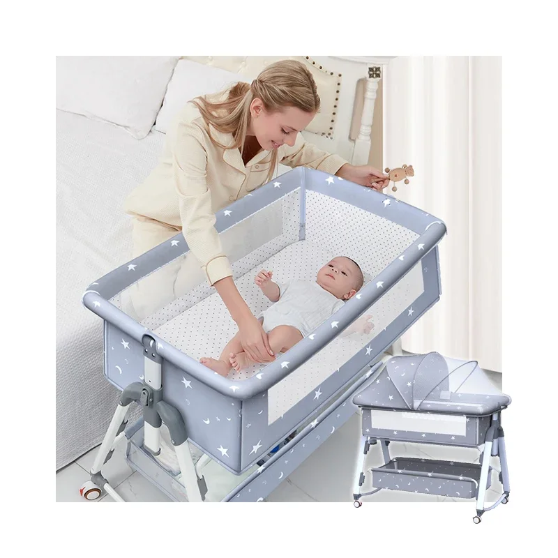 

SeaMind Multifunctional Movable Foldable Baby Crib Newborn Rocking Bed Cradle Spliced Large Bed Design Wood Material Bedroom Use