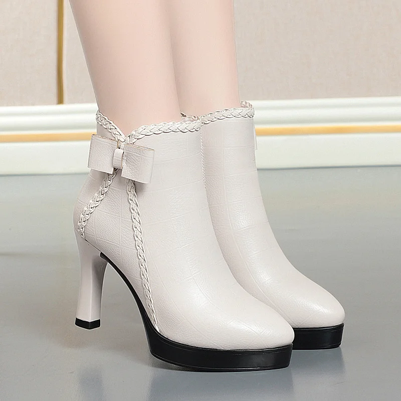 CINESSD White Black High Heel Ankle Boots Women 2023 Pointed Toe Keep Warm Elegant Short Booties Ladies Ankle Buckle Decoration